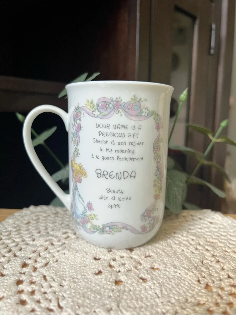 Enesco White/ Periwinkle/ Pastel Porcelain 'Brenda'  Mug Vintage 1993 Grannycore